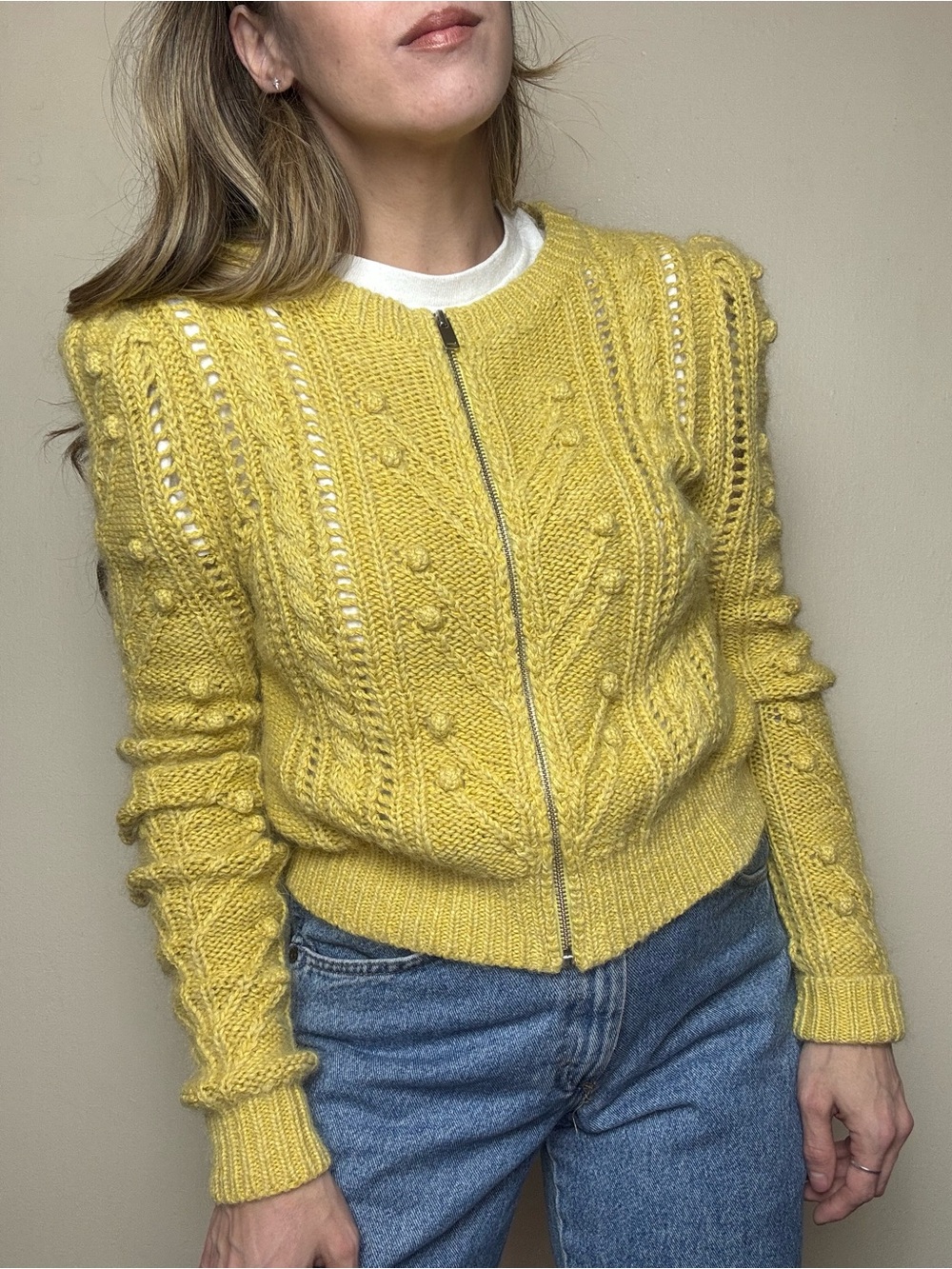Isabel Marant Yellow Zip-Front Cable Knit Cardigan